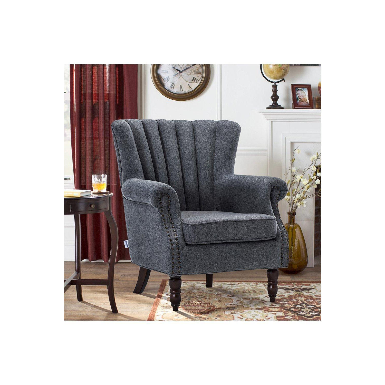 Grey Vintage Linen Upholstered Wing Back Armchair - image 1