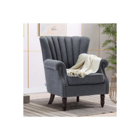 Grey Vintage Linen Upholstered Wing Back Armchair - thumbnail 2