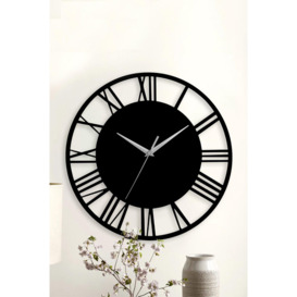 30 cm Dia Black Round Wooden Roman Numeral Wall Clock with Silver Needle