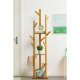 Wooden Coat Stand Rack Corner Clothes Hanger with Shelf - thumbnail 1