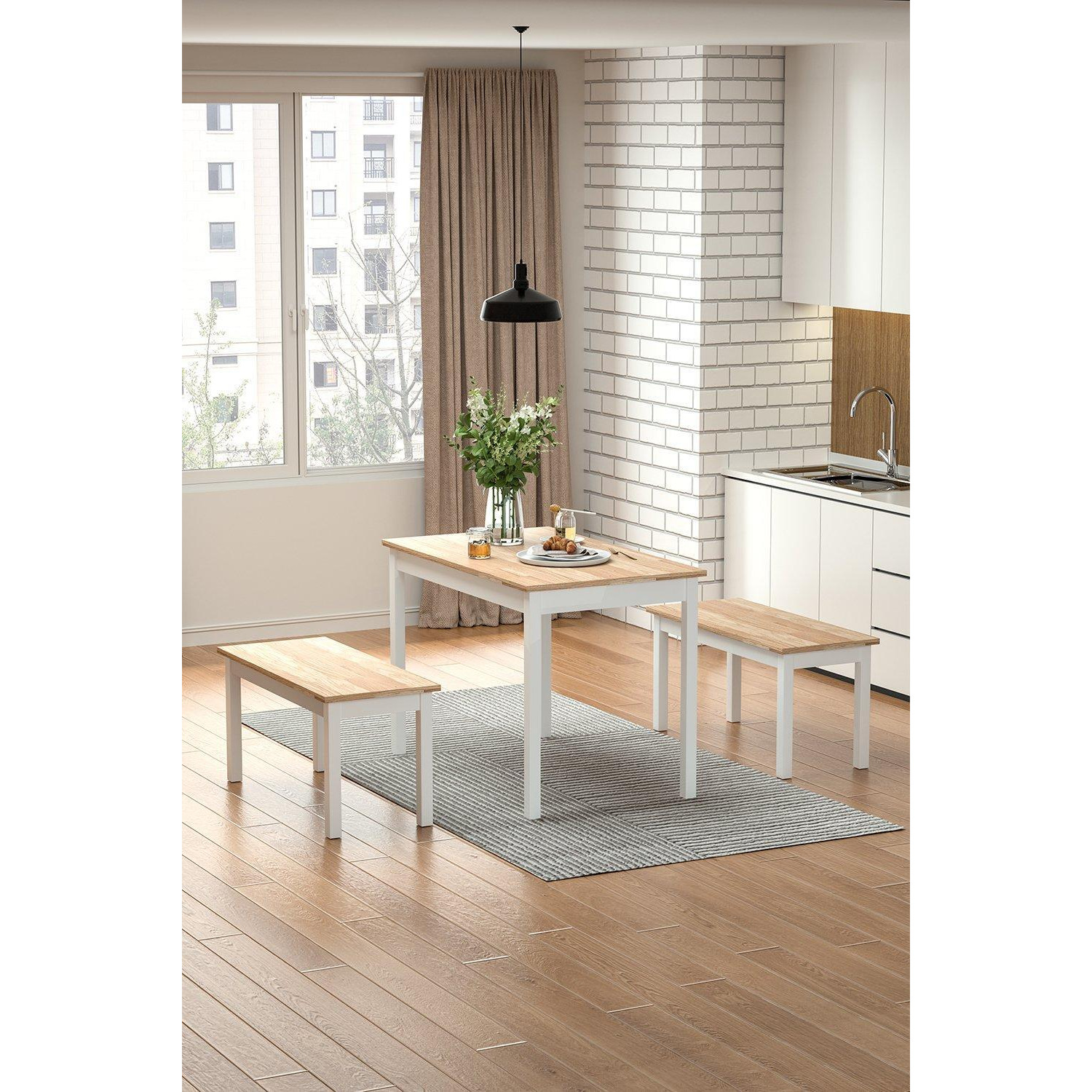3Pcs Modern Rectangular Pine Dining Table and Bench Set - image 1
