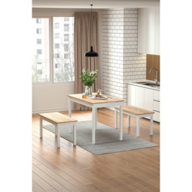 3Pcs Modern Rectangular Pine Dining Table and Bench Set