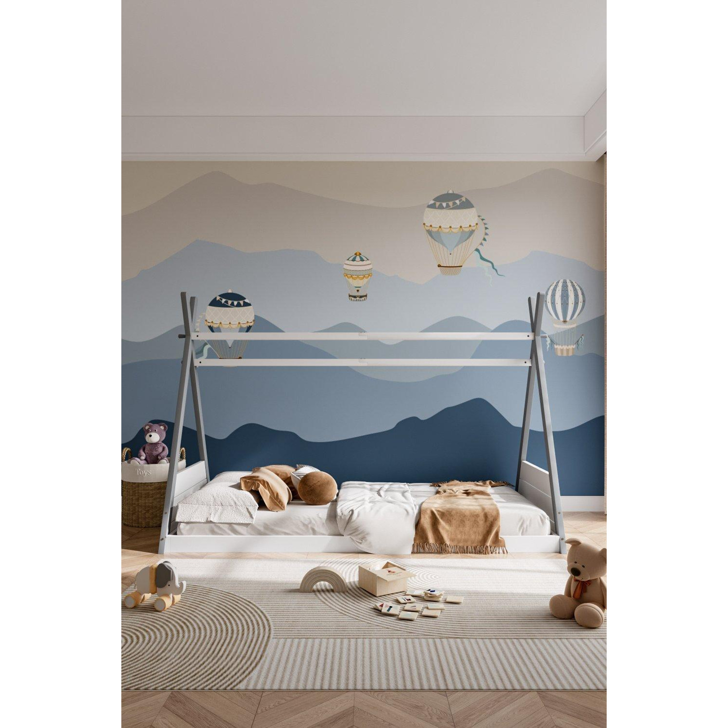 Grey Montessori Children's Floor Bed with White Headboard - image 1