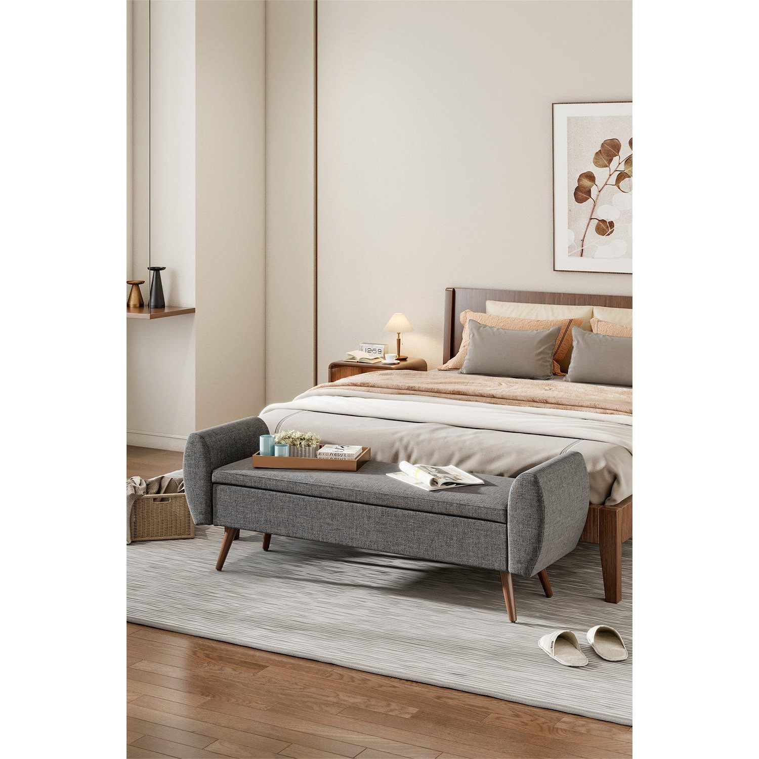 2-Seat Linen Upholstered Storage Bench with Side Arms and Walnut Colored Legs - image 1