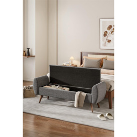 2-Seat Linen Upholstered Storage Bench with Side Arms and Walnut Colored Legs - thumbnail 2