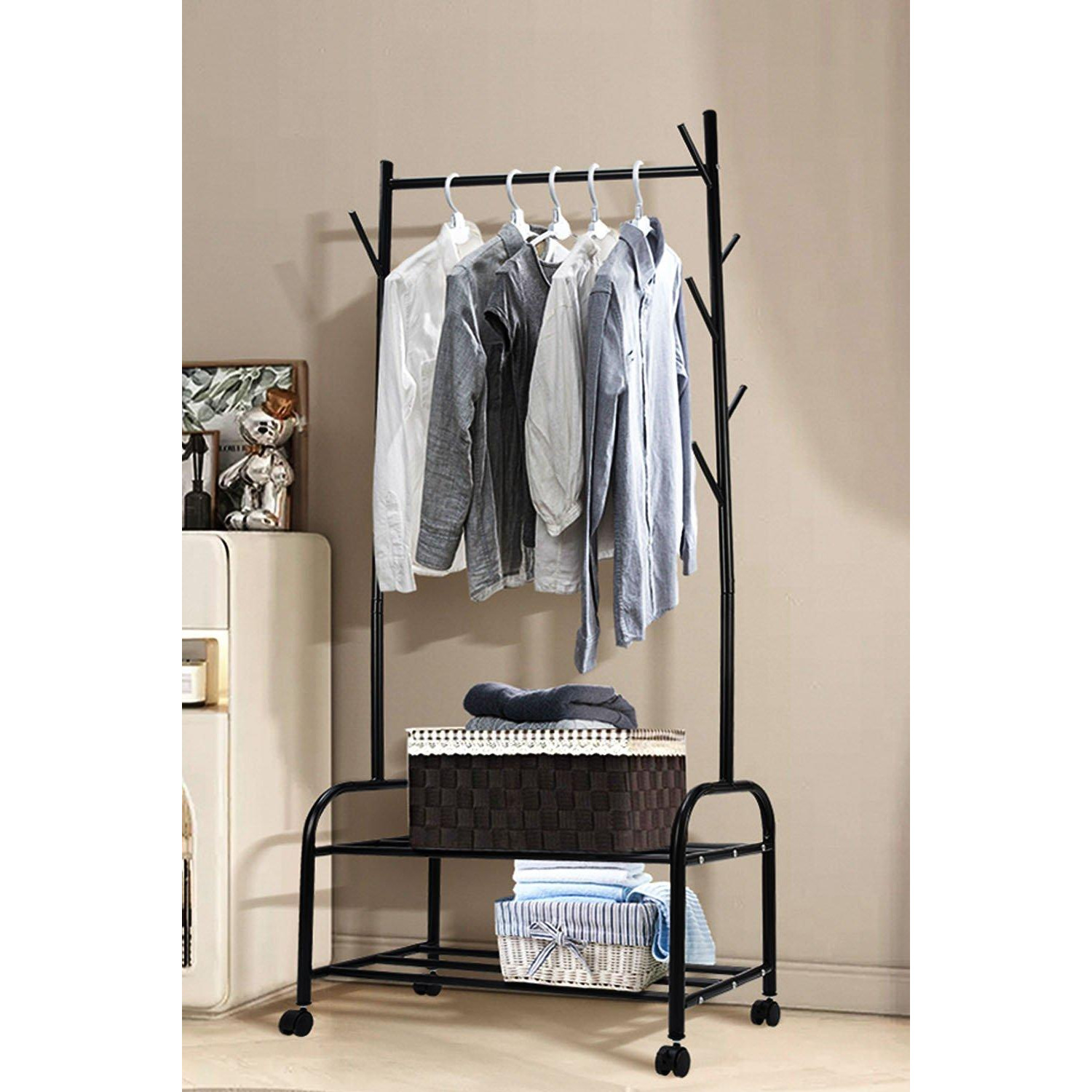 Metal Clothes Rail Rack Garment Hanging Hook Stand with 2 tier Shoes Storage Shelf - image 1