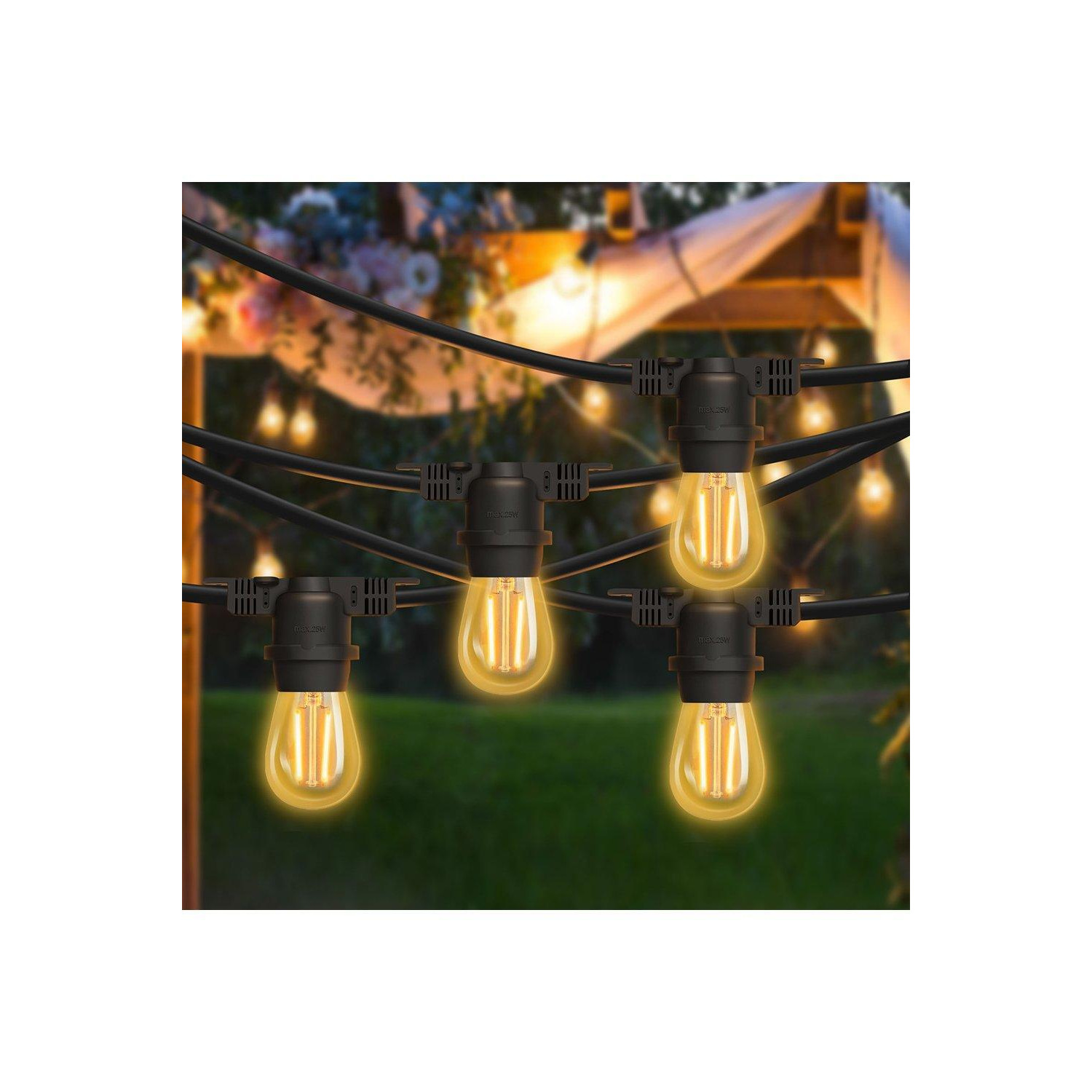 10M String Lights with 15 E27 Holder, IP65, connectable, Black - image 1