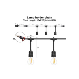 10M Drop String Lights with 15 E27 Holder, IP65, connectable, Black - thumbnail 2