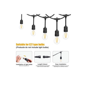10M Drop String Lights with 15 E27 Holder, IP65, connectable, Black - thumbnail 3