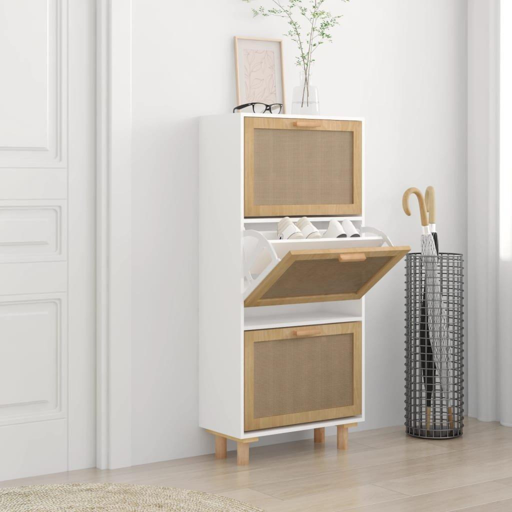 Shoe Cabinet White 52x25x115 cm Engineered Wood&Natural Rattan - image 1