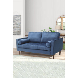 2-Seat Blue Velvet Sofa with Bolster Pillows