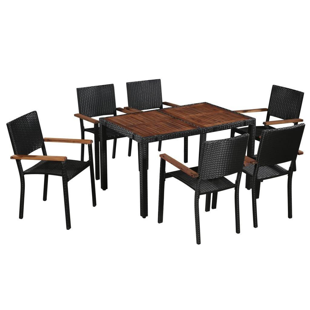 7 Piece Outdoor Dining Set Poly Rattan and Acacia Wood Black - image 1