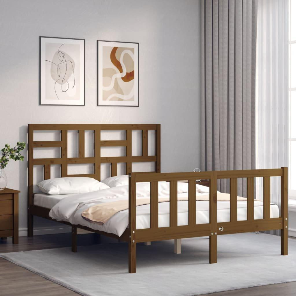 Bed Frame with Headboard Honey Brown Small Double Solid Wood - image 1