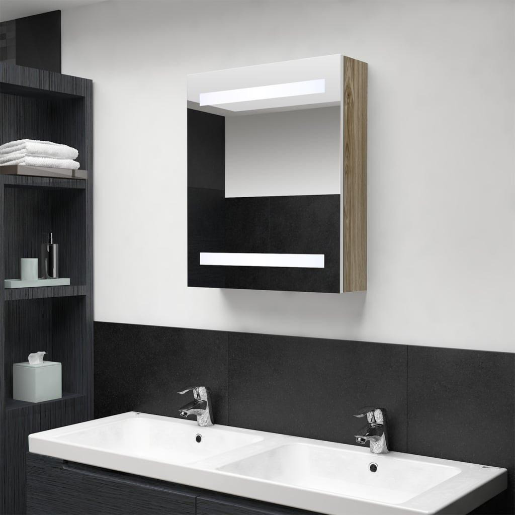 LED Bathroom Mirror Cabinet White and Oak 50x14x60 cm - image 1