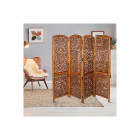 4 Panel Carved Wooden Room Divider Screen Kashmeri Design 177 x 183 cm