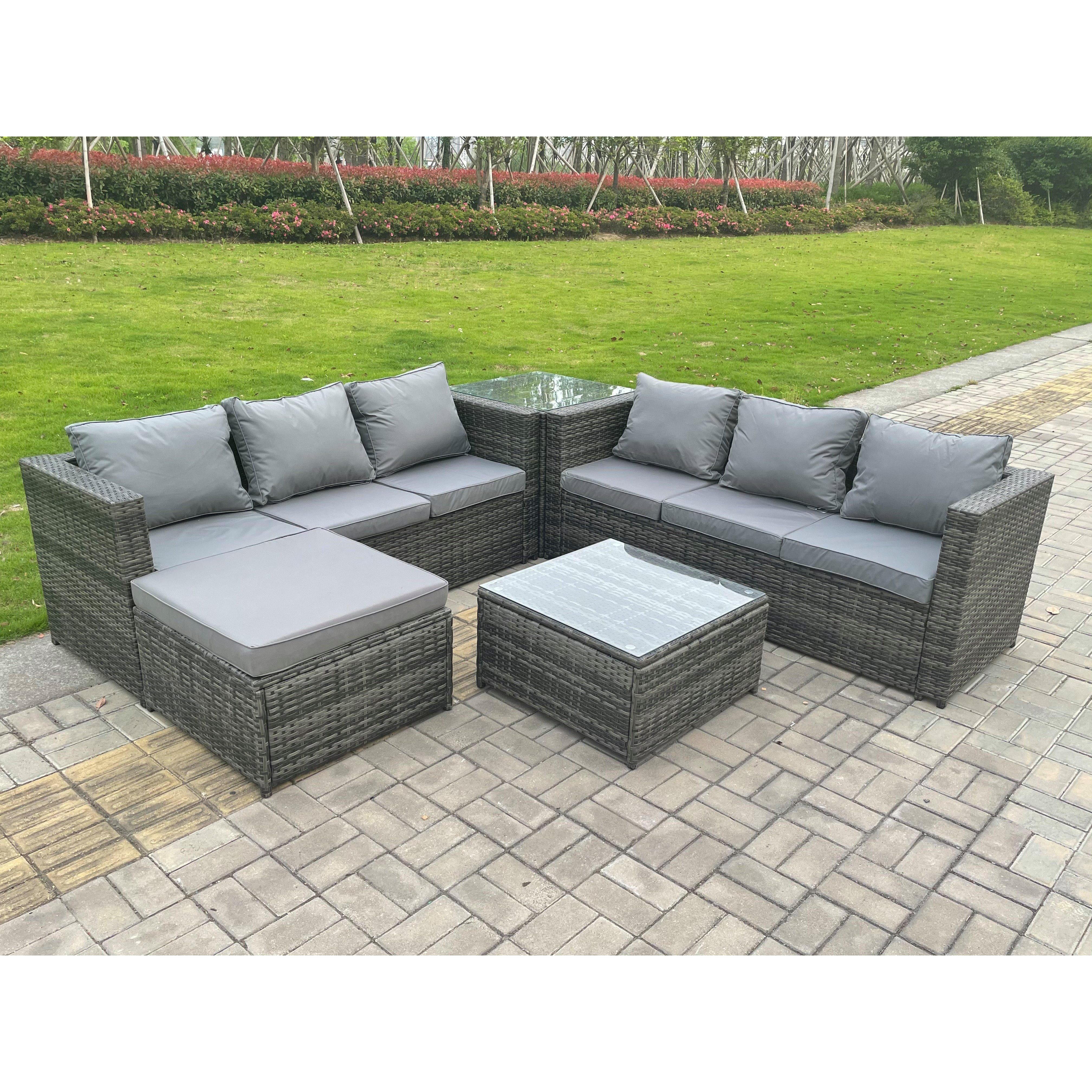 7 Seater Dark Mixed Grey Rattan Corner Sofa Outdoor Garden Furniture With 2 Coffee Table Footstool - image 1