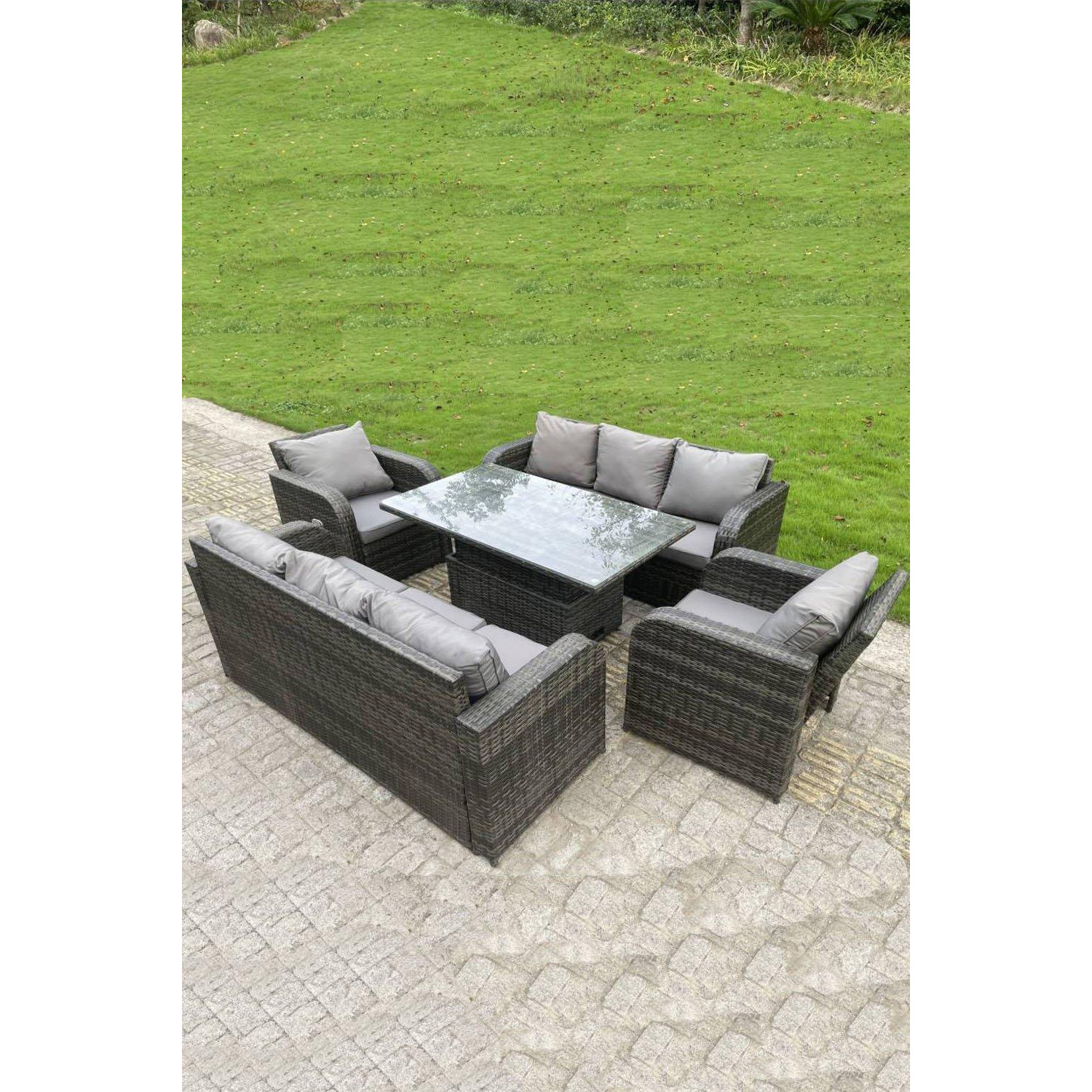 Outdoor Rattan  Sofa Set Lounge Dining Table Height Adjustable Lifting Table Reclining Chairs - image 1