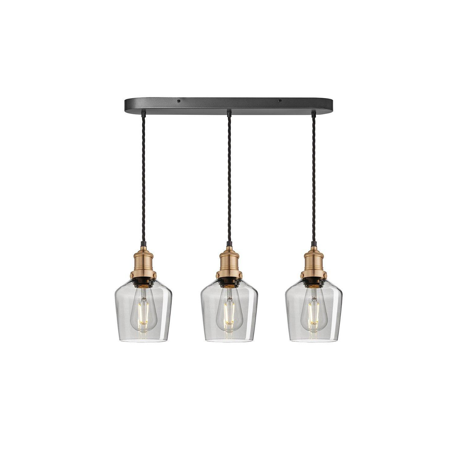 Brooklyn Tinted Glass Schoolhouse 3 Wire Oval Cluster Lights, 5.5 inch, Smoke Grey, Brass holder