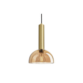 Sleek Cylinder Tinted Glass Dome Pendant Light, 8 Inch, Amber, Brass Holder