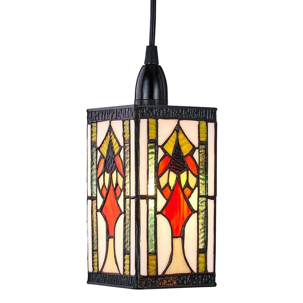 Art Deco Tiffany Easy Fit Pendant Shade with Green, Amber and Red Stained Glass - image 1