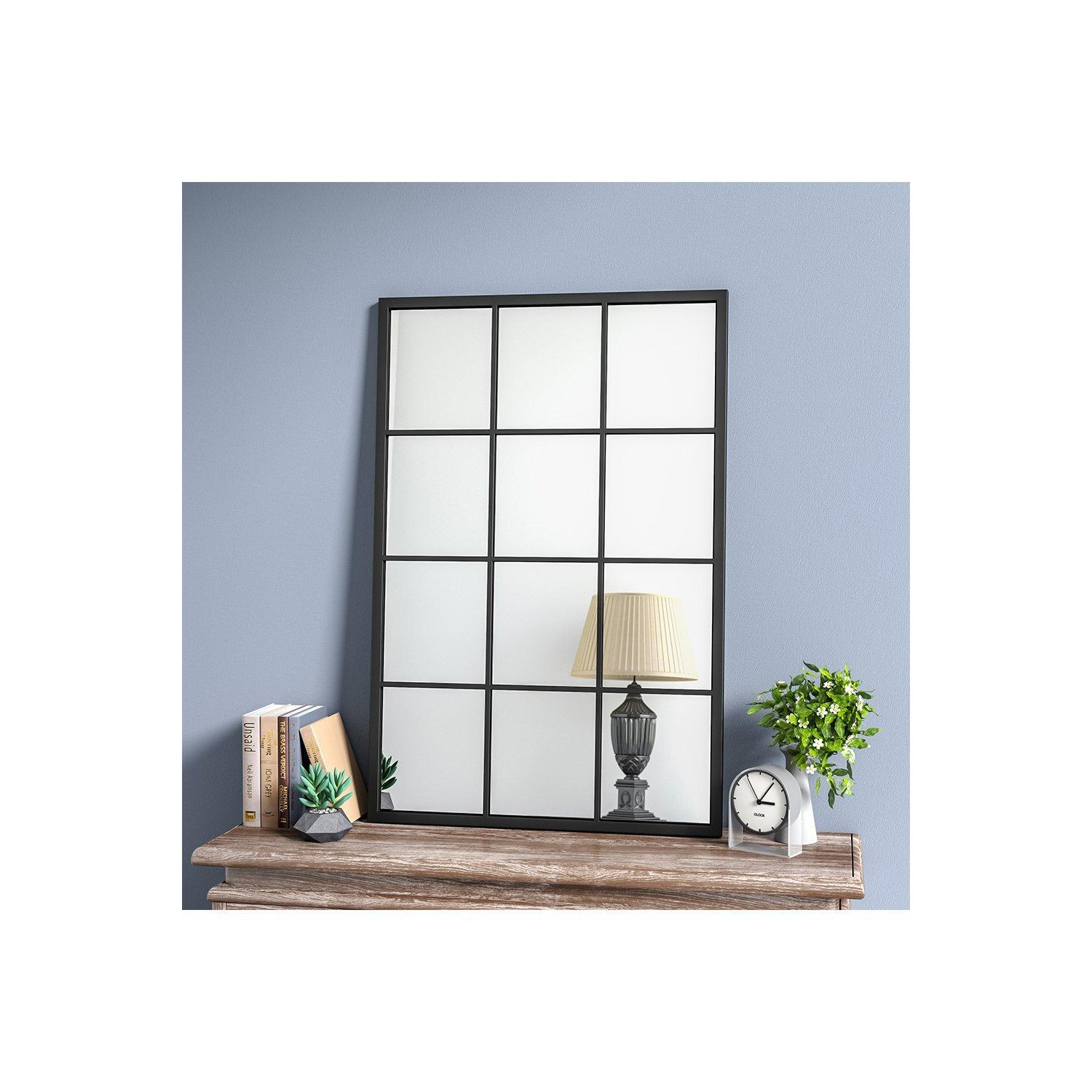 60cm W x 90cm H Rectangular 12-Pane Window Mirror with Black Metal Frame - image 1