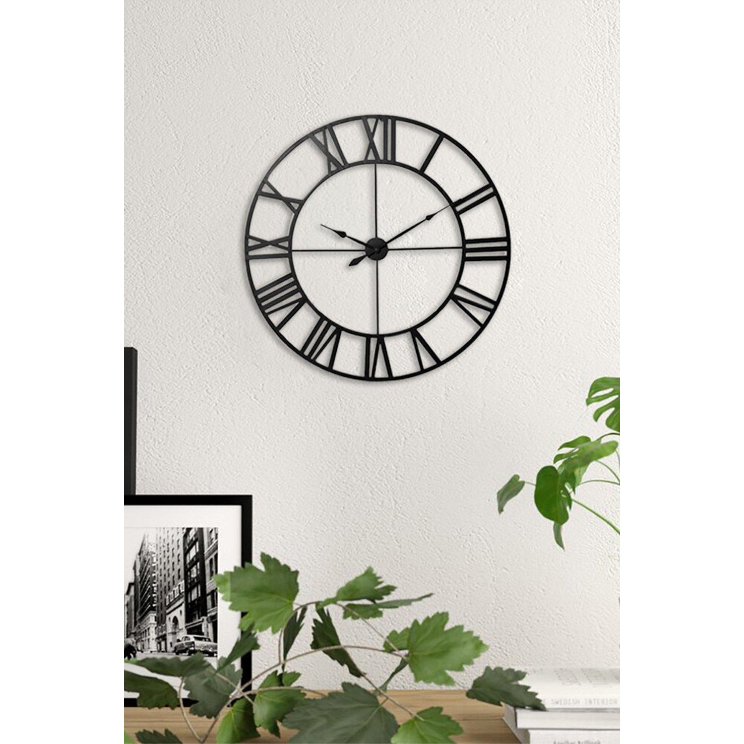 40cm Dia Black Round Roman Numeral Skeleton Metal Wall Clock - image 1