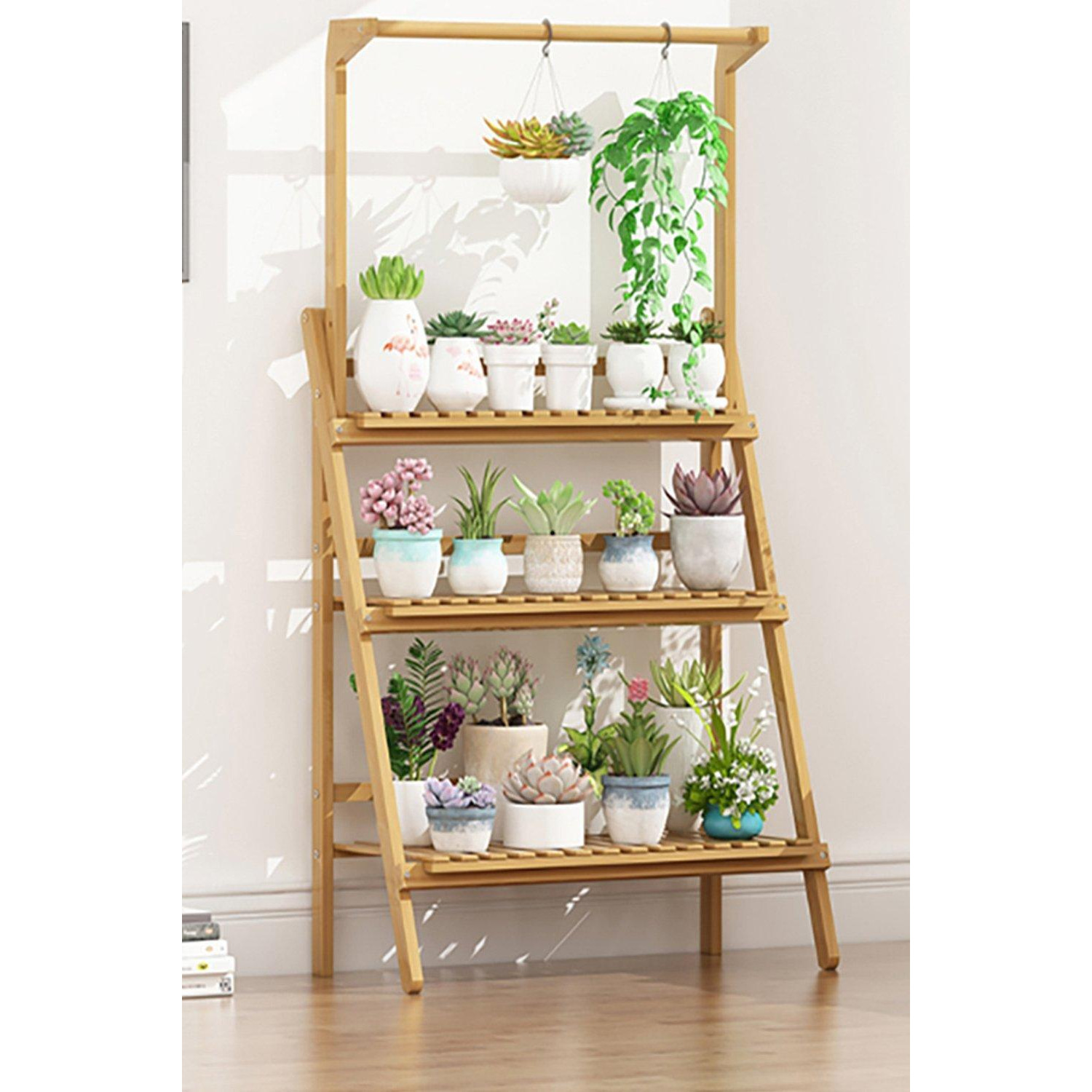 3-Tier Foldable Wooden Ladder Shelf with Hanging Rod - image 1
