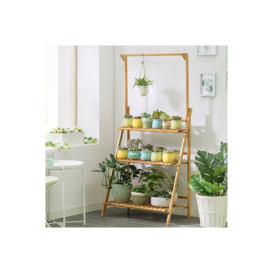 3-Tier Foldable Wooden Ladder Shelf with Hanging Rod - thumbnail 3
