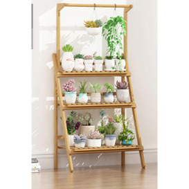 3-Tier Foldable Wooden Ladder Shelf with Hanging Rod - thumbnail 1