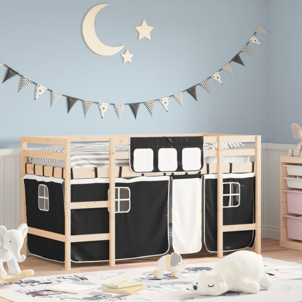 Kids' Loft Bed with Curtains White&Black 90x200cm Solid Wood Pine - image 1