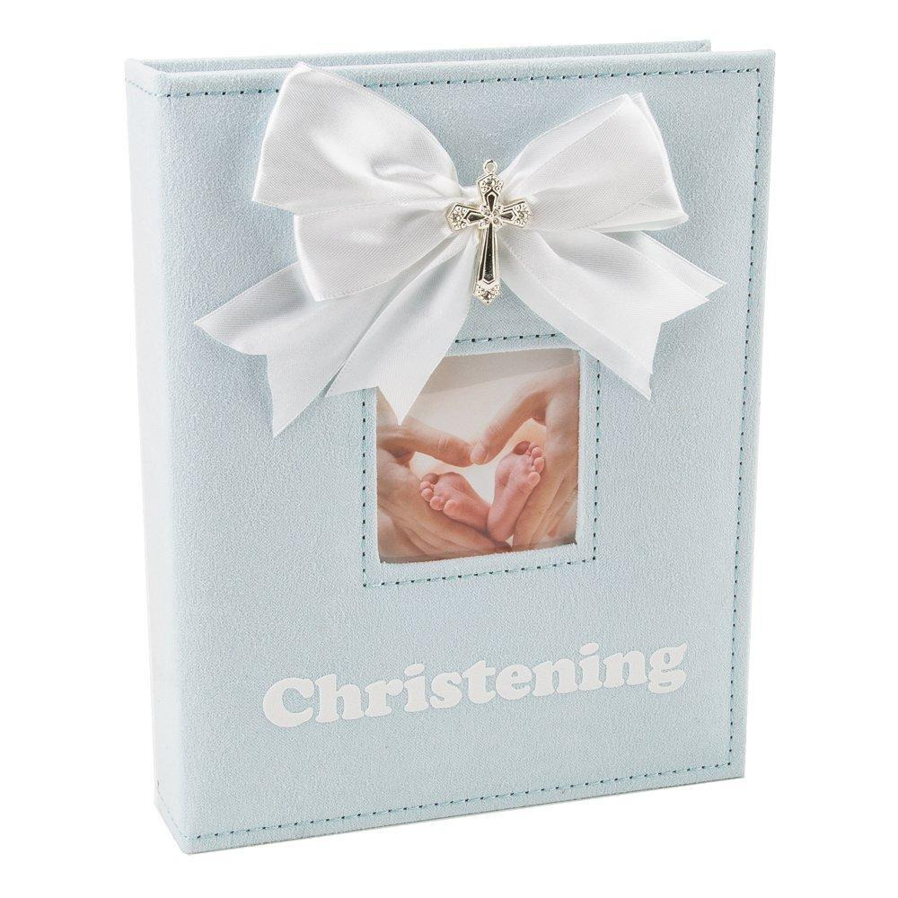 White Faux-Silk Bow and Silver Plated Cross Christening Photo Album in Blue - image 1