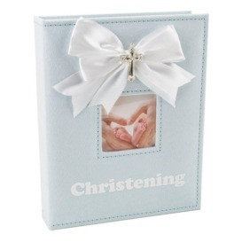 White Faux-Silk Bow and Silver Plated Cross Christening Photo Album in Blue - thumbnail 1
