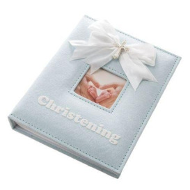 White Faux-Silk Bow and Silver Plated Cross Christening Photo Album in Blue - thumbnail 2