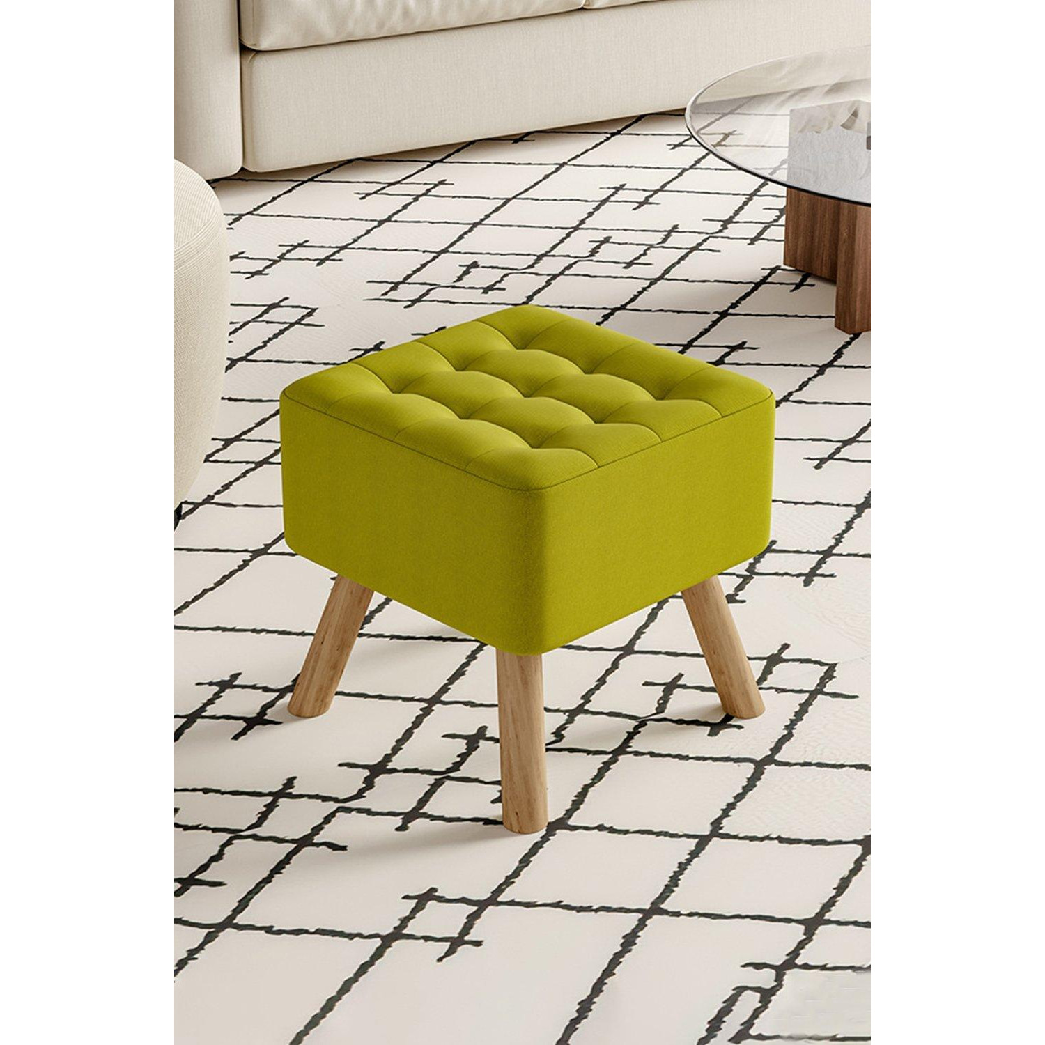 Green Linen Padded Wooden Leg Square Footstool - image 1