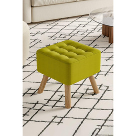 Green Linen Padded Wooden Leg Square Footstool