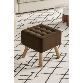 Brown Linen Padded Wooden Leg Square Footstool