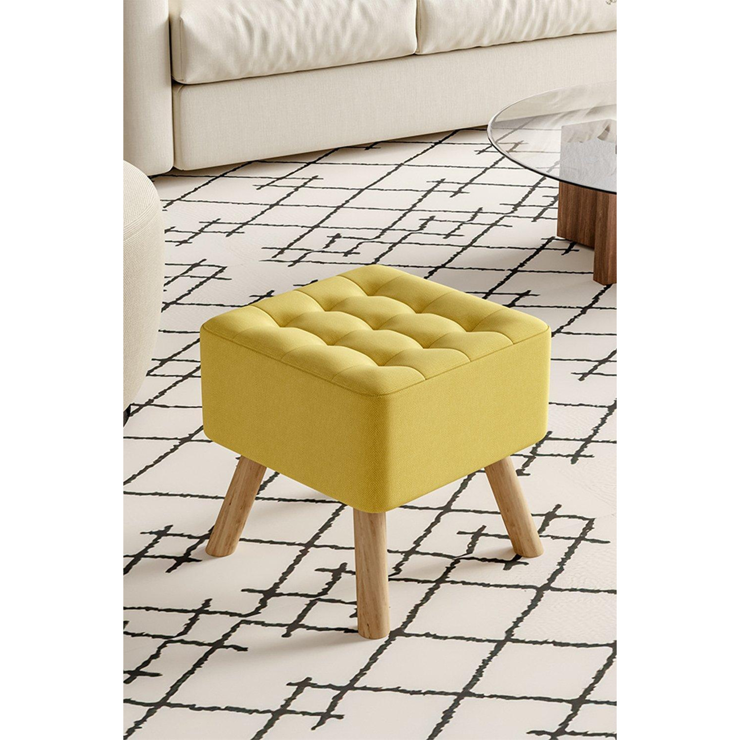 Bright Yellow Linen Padded Wooden Leg Square Footstool - image 1