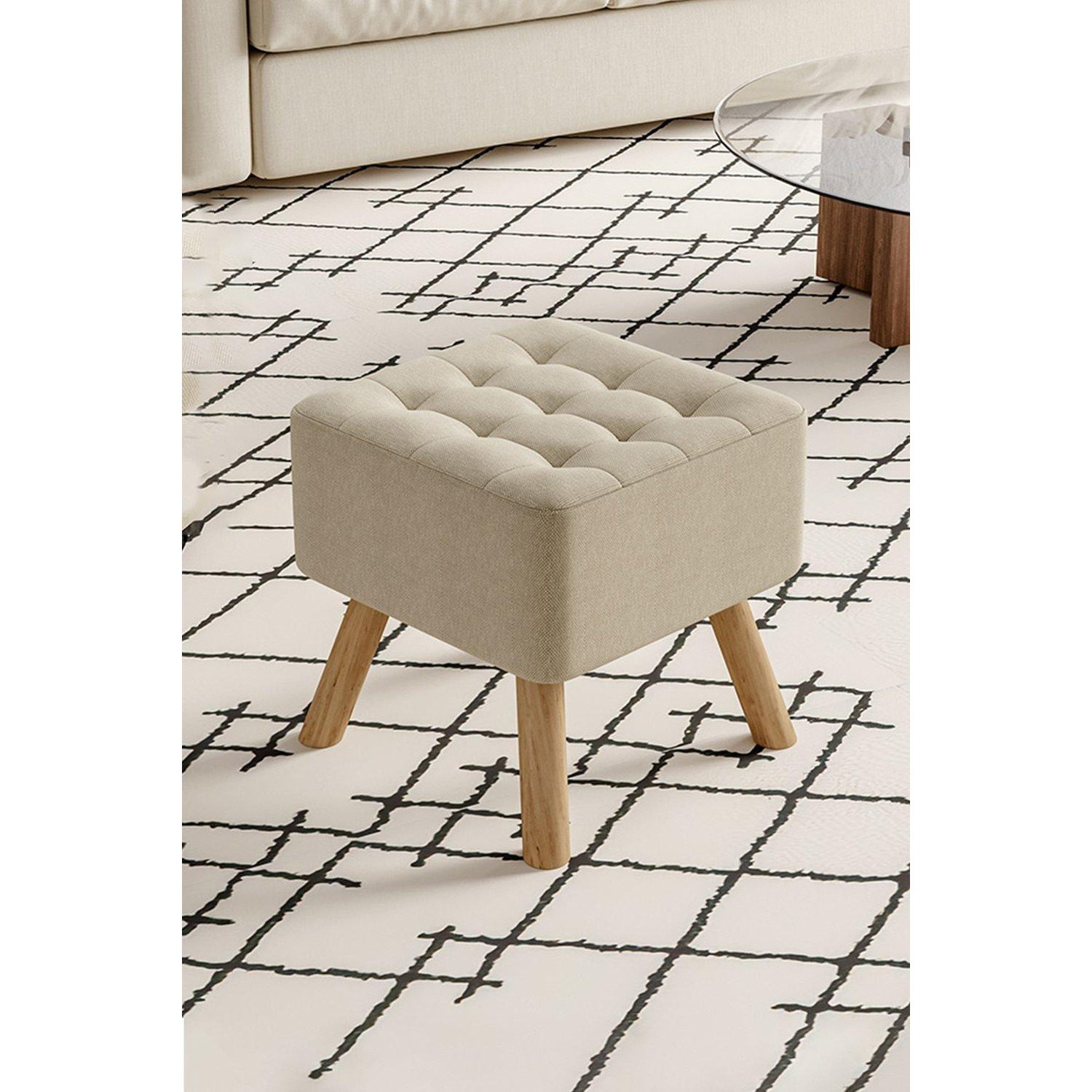 Beige Linen Padded Wooden Leg Square Footstool - image 1