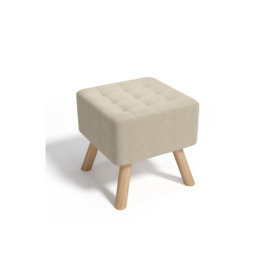 Beige Linen Padded Wooden Leg Square Footstool - thumbnail 3