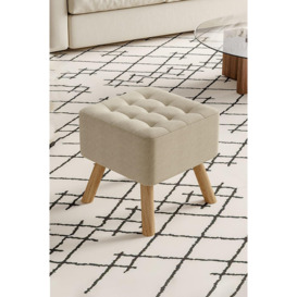 Beige Linen Padded Wooden Leg Square Footstool