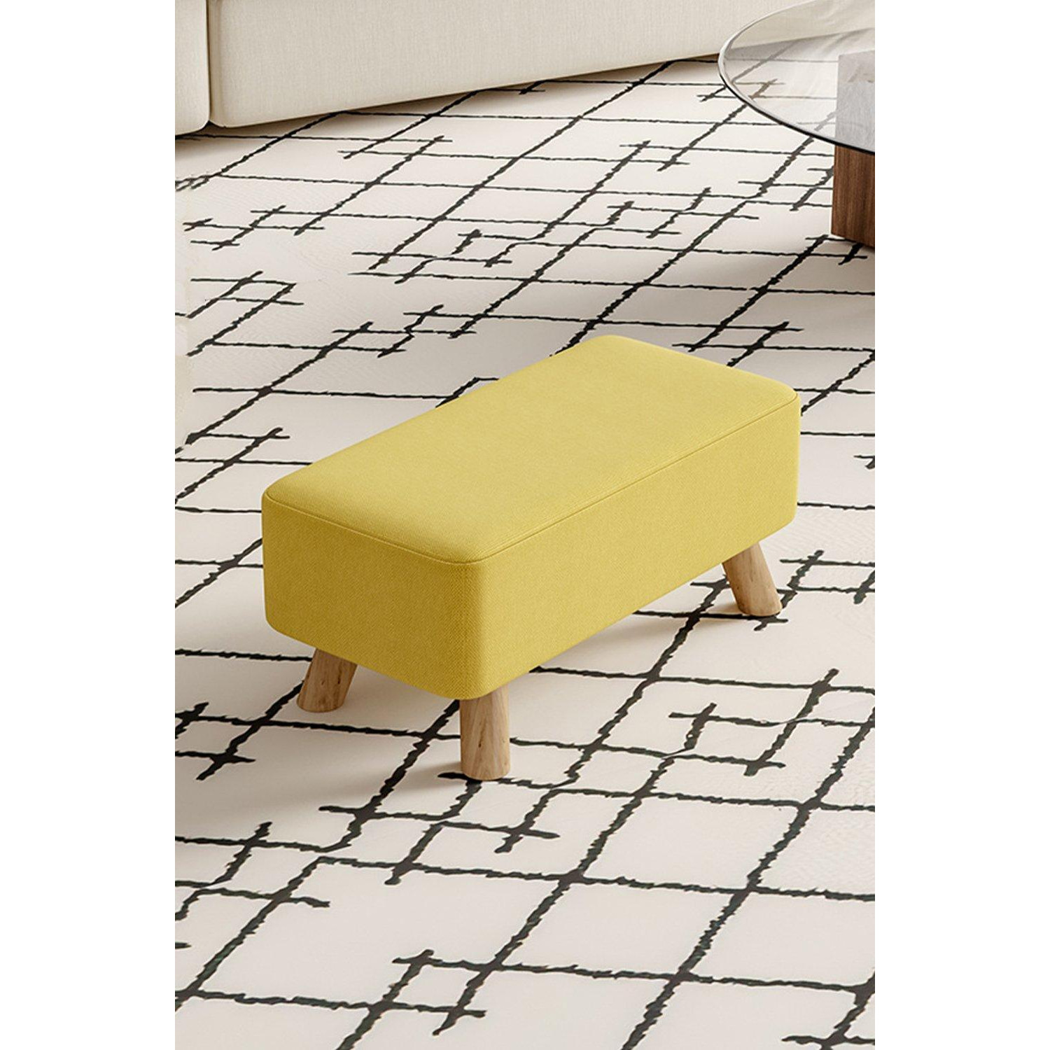 Yellow Linen Rectangular Footstool Shoes Changing Stool with Pine Leg - image 1