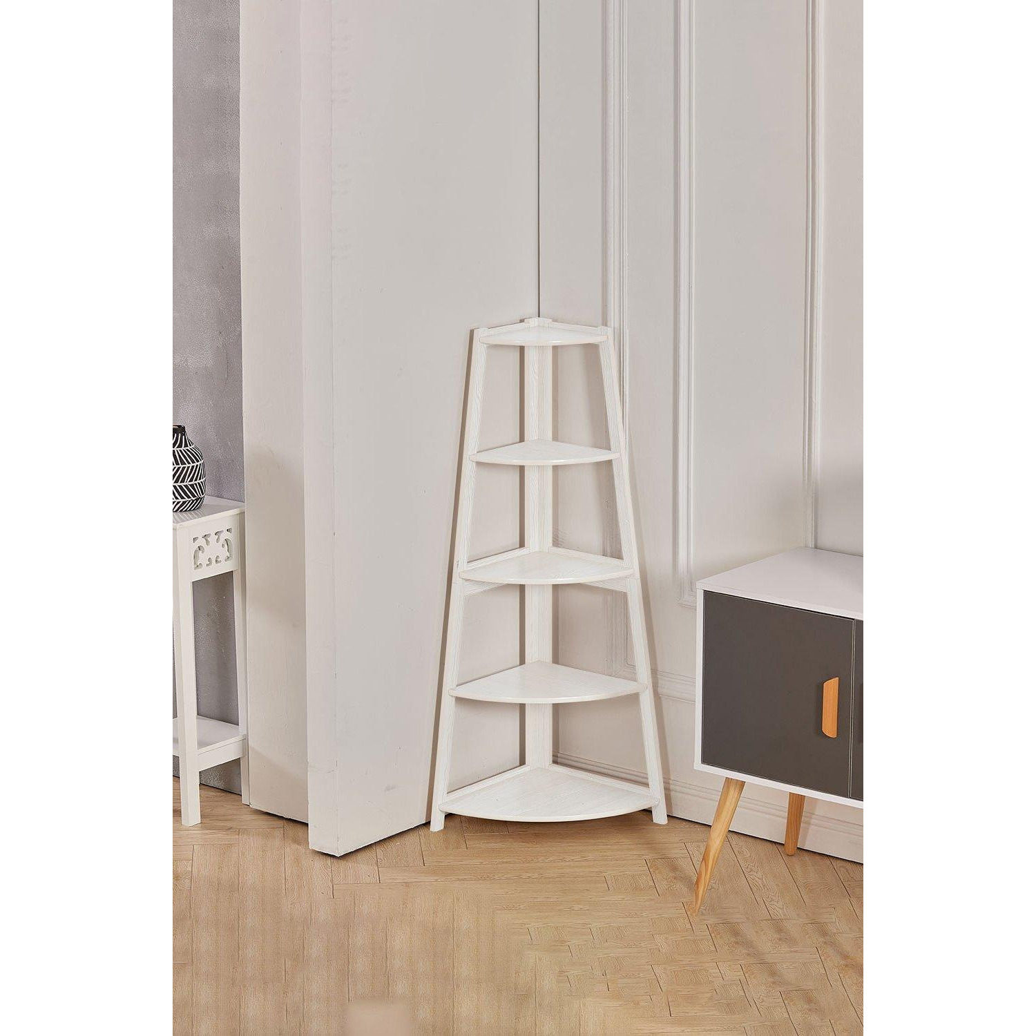 5 Tier Wooden Ladder Corner Bookcase Trapezoidal Fan-Shaped Book Shelf Storage Shelf - image 1