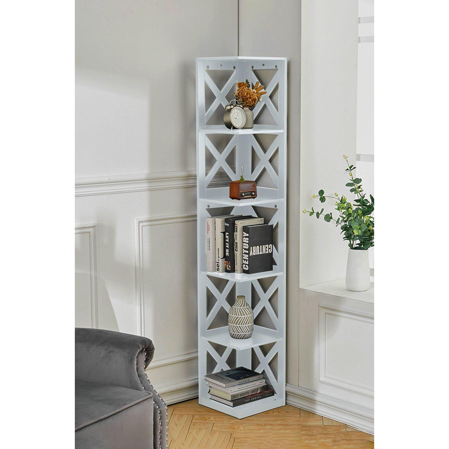 5 Tier Corner Shelf Standing Bookcase Wooden Display Unit Organise - image 1