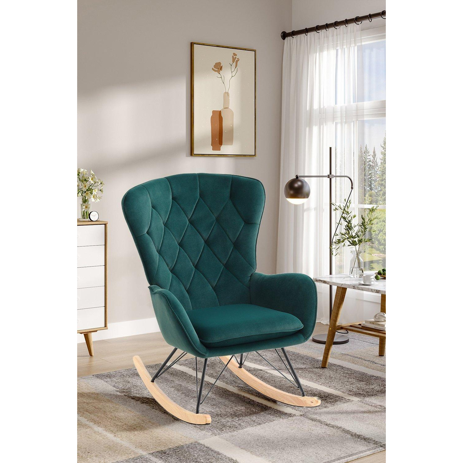 Green Modern Diamond Check Tufted Velvet Rocking Chair - image 1