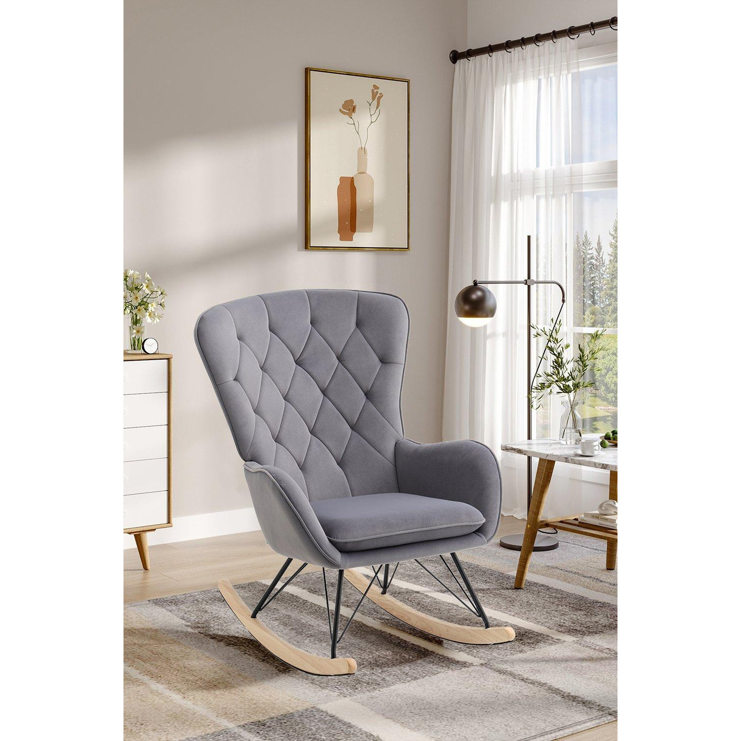 Grey Modern Diamond Check Tufted Velvet Rocking Chair - image 1