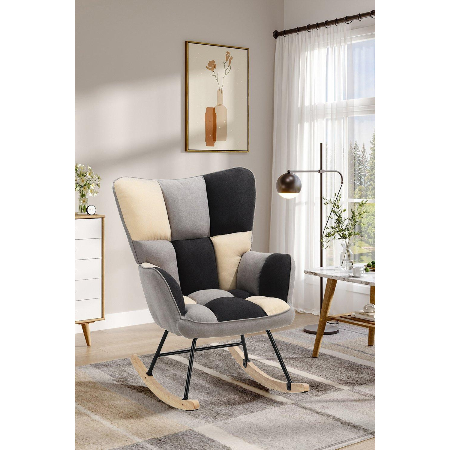 Beige Grey Black Check Tufted Linen Patchwork Rocking Chair - image 1
