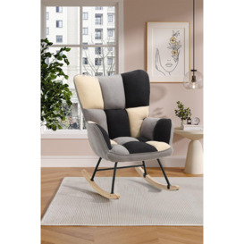 Beige Grey Black Check Tufted Linen Patchwork Rocking Chair - thumbnail 2