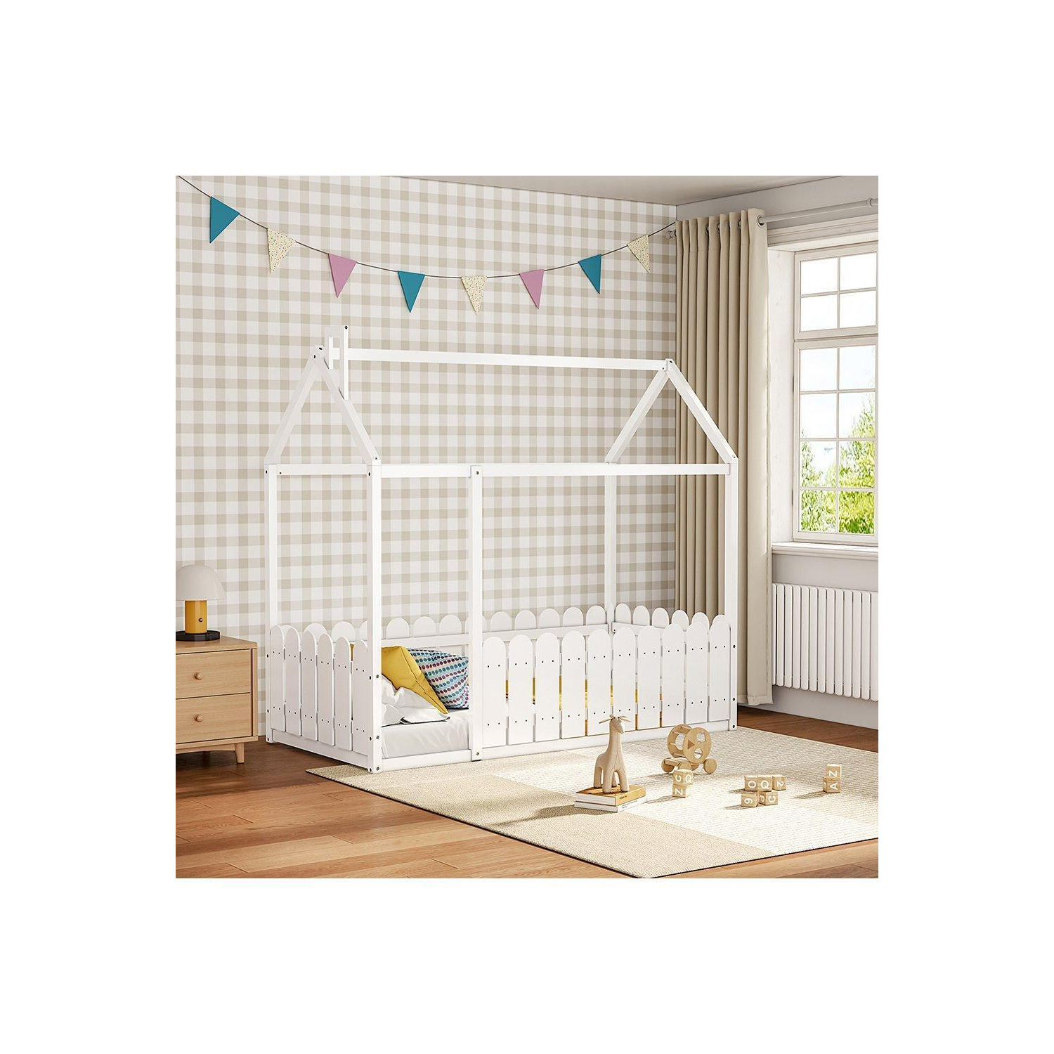 Wooden House Children's Bed with Fence and Roof - image 1