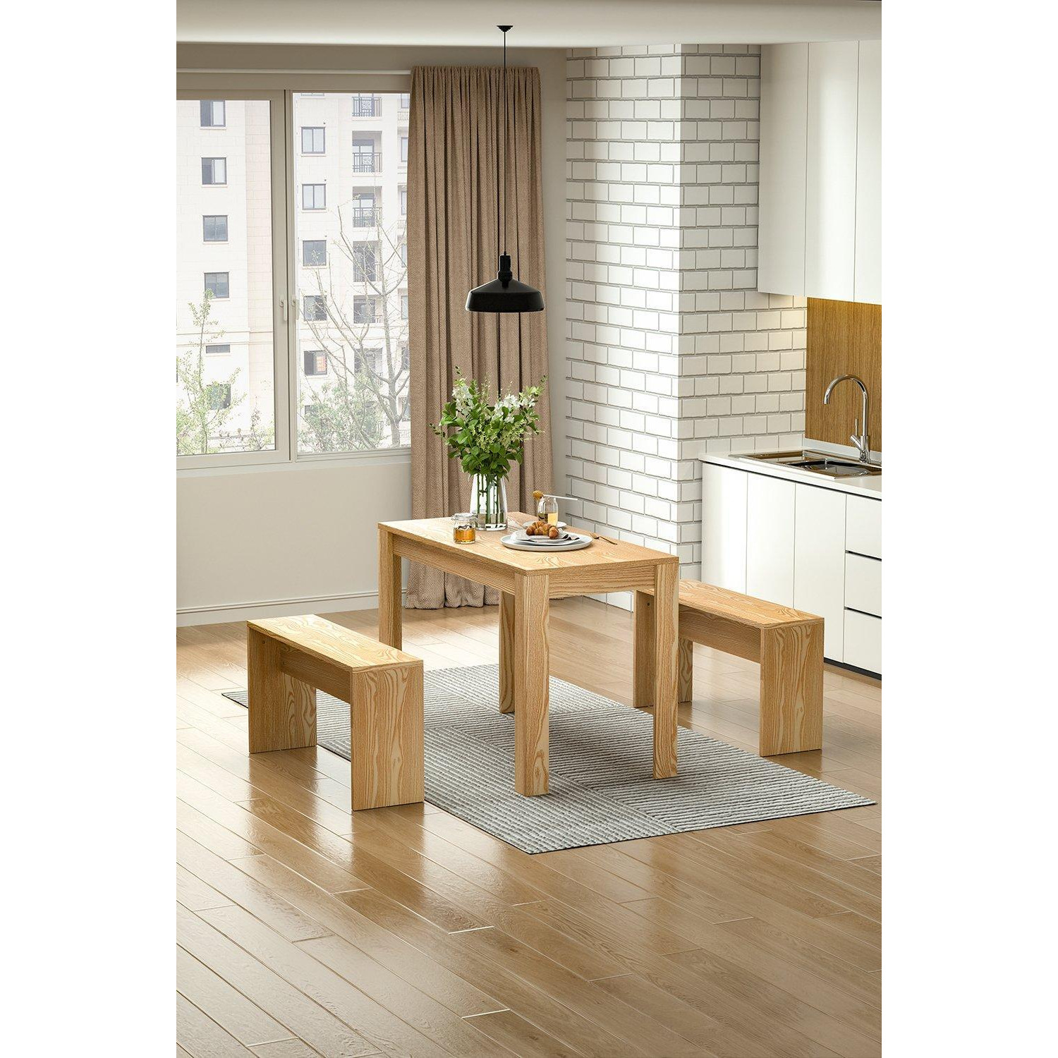 3Pcs Wooden Dining Room Table and Benches - image 1