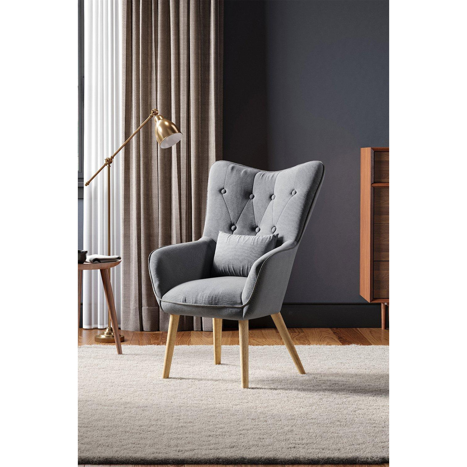 Dark Grey Linen Curved High Wing Back Armchair with Cushion - image 1